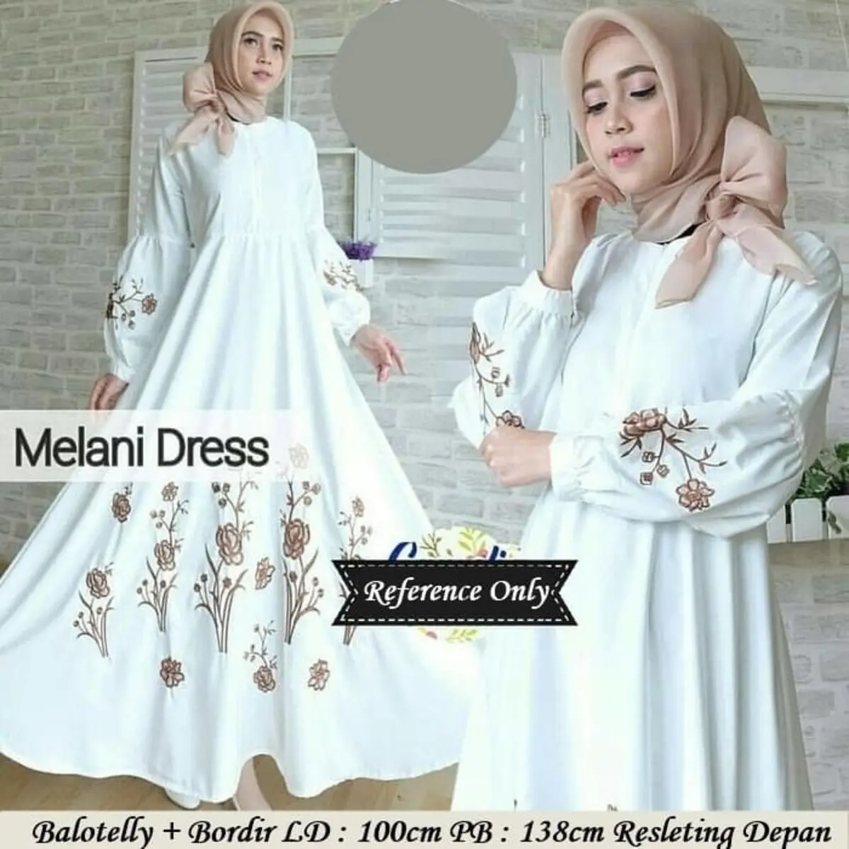MELANI DRESS // gamis melani// gamis bordir// baju lebaran 2025// dress lengan balon   variasi bordir/  muslim  wanita putih  mewah/dres lebaran2025