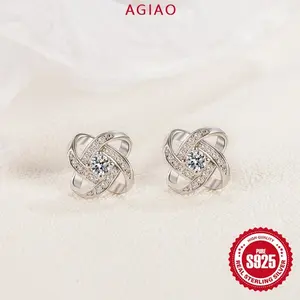 AGIAO Anting Zirkon Perak 925 Berlian Penuh Semanggi Keberuntungan Elegan untuk Wanita