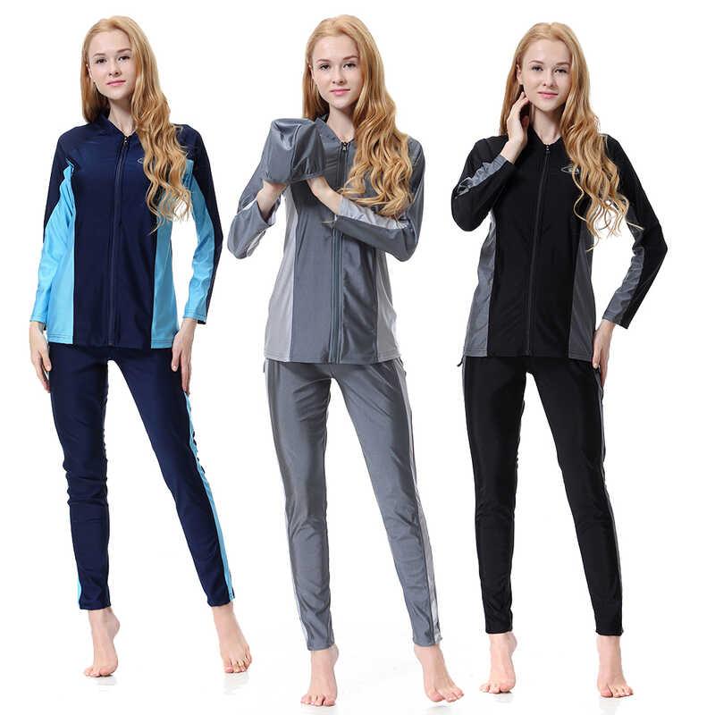 Product Introduction of Long Sleeve Full Body Swim Suits For Women Muslim 2024 Burkini Swimwear Front Zipper Shirt Pants Caps Swimsuit H1001 0