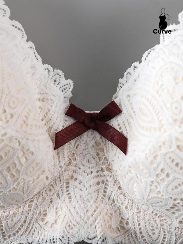 Plus Solid Bow Decor Underwire Lace Bra, Elegant Comfortable Breathable Adjustable Strap Push Up Bra for Daily Wear, Women's Lingerie for All Seasons 2