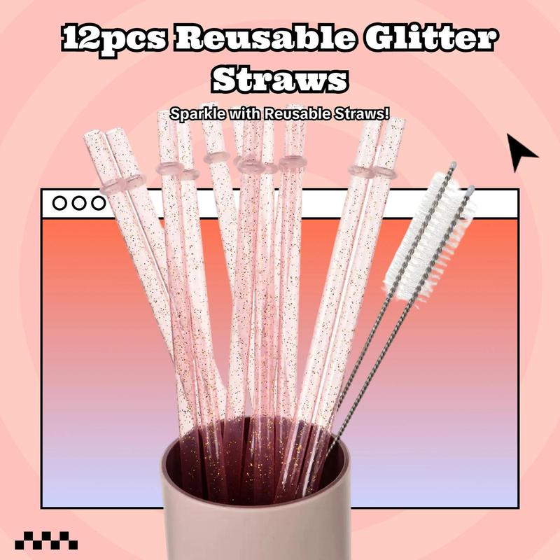 Reusable Drinking Straws with Cleaning Brush, 12pcs Durable Plastic Colorful Glitter Drinking Straws, Drinking Supplies Utensils for Home Kitchen Party Picnic Outdoor, Kitchenware 1