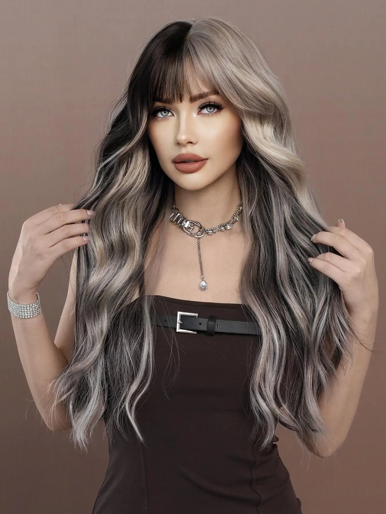 Ombre Long Wavy Wigs for Women, 1 Piece Gorgeous Fluffy Wigs with Bangs, Synthetic Full Machine Wigs for Party, Daily Use