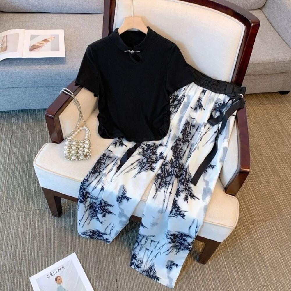 FADFAD Setelan Dua Potong Pakaian Wanita Lengan Pendek Bergaya Cina