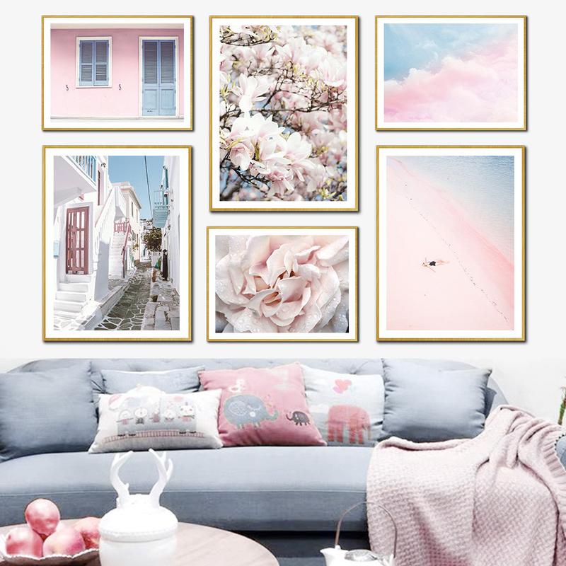 Pink Cloud Peony Flower Beach Door Street Wall Art Canvas Painting Nordic Posters And Prints Wall Pictures For Living Room Decor 0