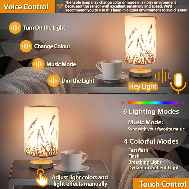Smart Voice Activated Control Table Lamp, USB Powered Wooden LED Night Light, Touch Control Color Changing Night Light for Home Bedroom Living Room 4