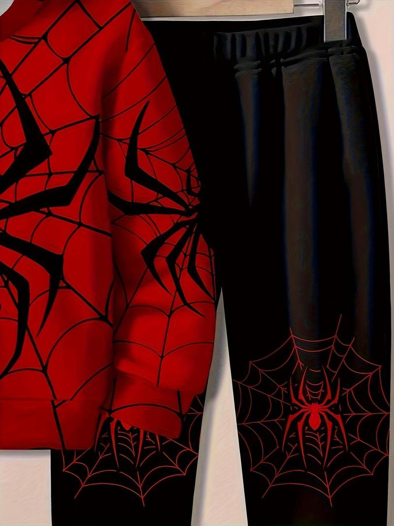 Product Introduction of Two-piece Set Boy's Spider Print Sweatshirt & Sweatpants Set, Casual Long Sleeve Round Neck Pullover & Jogger Pants for Spring & Fall, Kids Spiderman Clothes for Daily Wear, Kids Outfits 4