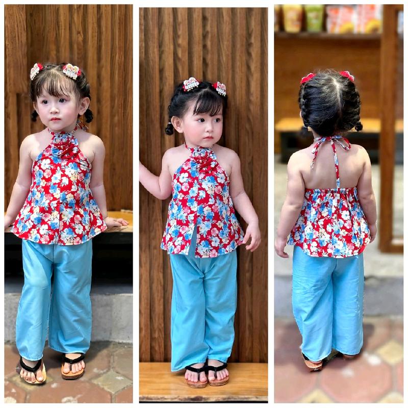 (AHL03)-Sét Bộ Áo Dây Yếm gắn bông cột nơ hở lưng + quần dài ống xuông vải lụa mềm mịn