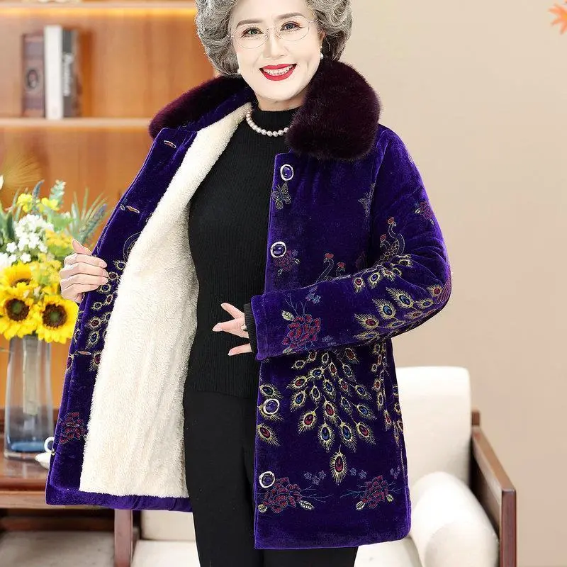 Quần áo mùa đông, dành cho phụ nữ lớn tuổi, Váy bông, Quần áo của bà, Áo khoác đệm bông mùa đông, Áo khoác lót lông cừu dành cho mẹ, Áo khoác cổ áo lông dày, Thích hợp cho người già, Áo khoác đệm bông Top Women Jacket 3