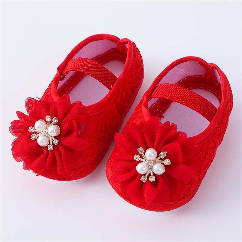Baby Girls Flats and Headband Soft Sole Non-slip Pearl Flower Princess Wedding Dress Walking Shoes for Newborn 4