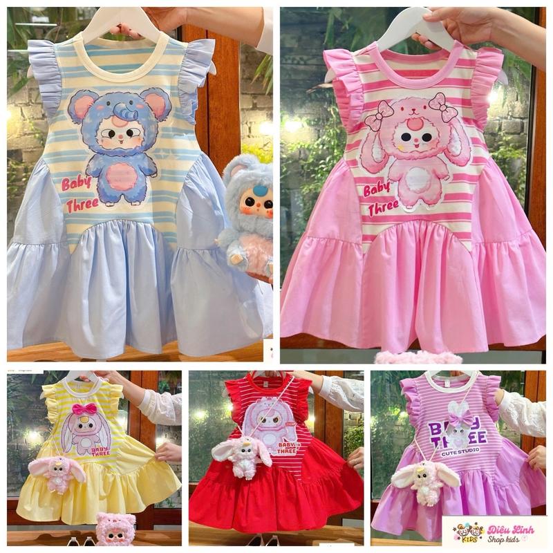 Váy kẻ cotton tay cánh tiên in hình baby three DL56 size 8-36kg( không kèm phụ kiện túi gấu)- Diệu Linh shop kids
