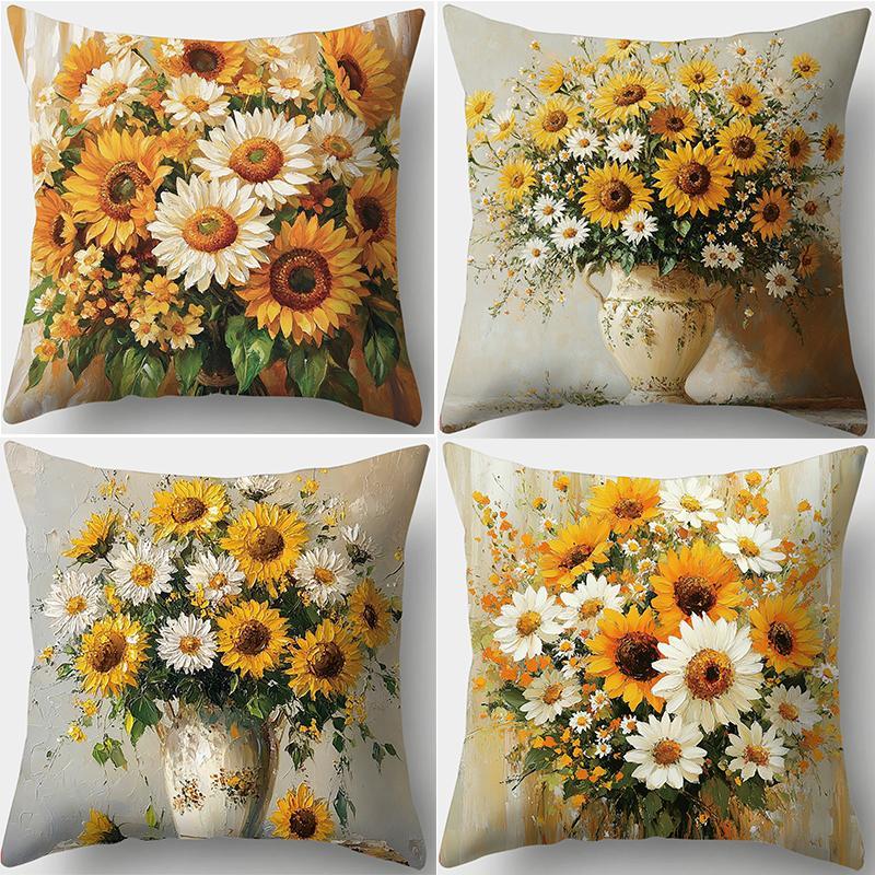 Sunflower Pattern Cushion Cover, 4 Counts/set Square Throw Pillow Cover, Household Decoration Supplies for Home Living Room Bedroom 6