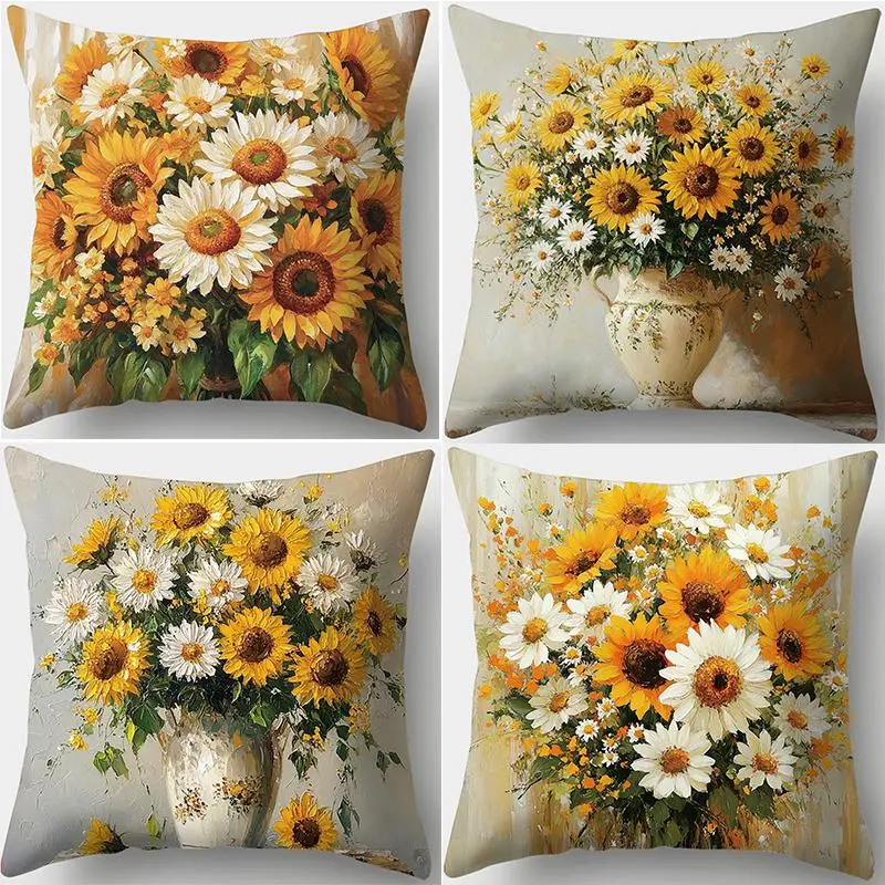 Sunflower Pattern Cushion Cover, 4 Counts/set Square Throw Pillow Cover, Household Decoration Supplies for Home Living Room Bedroom 6