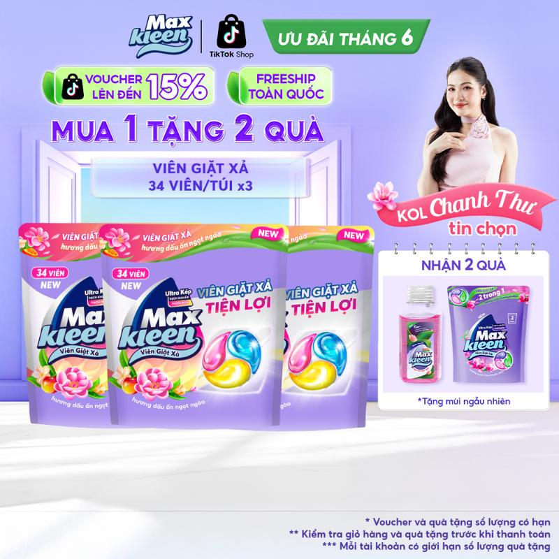[MỚI] Combo 3 Túi Viên Giặt Xả Làm Sạch MaxKleen hương dấu ấn ngọt ngào 34 viên/ Túi