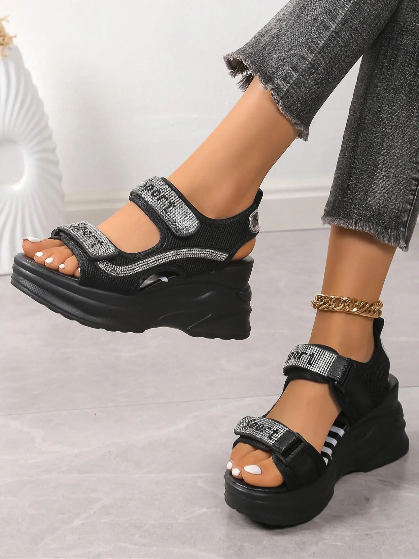 Women's Fashionable Rhinestone Decorated Platform Sandals, Casual Open Toe Sandals for Summer, Lightweight Breathable Comfortable Shoes for Daily Wear, Girl