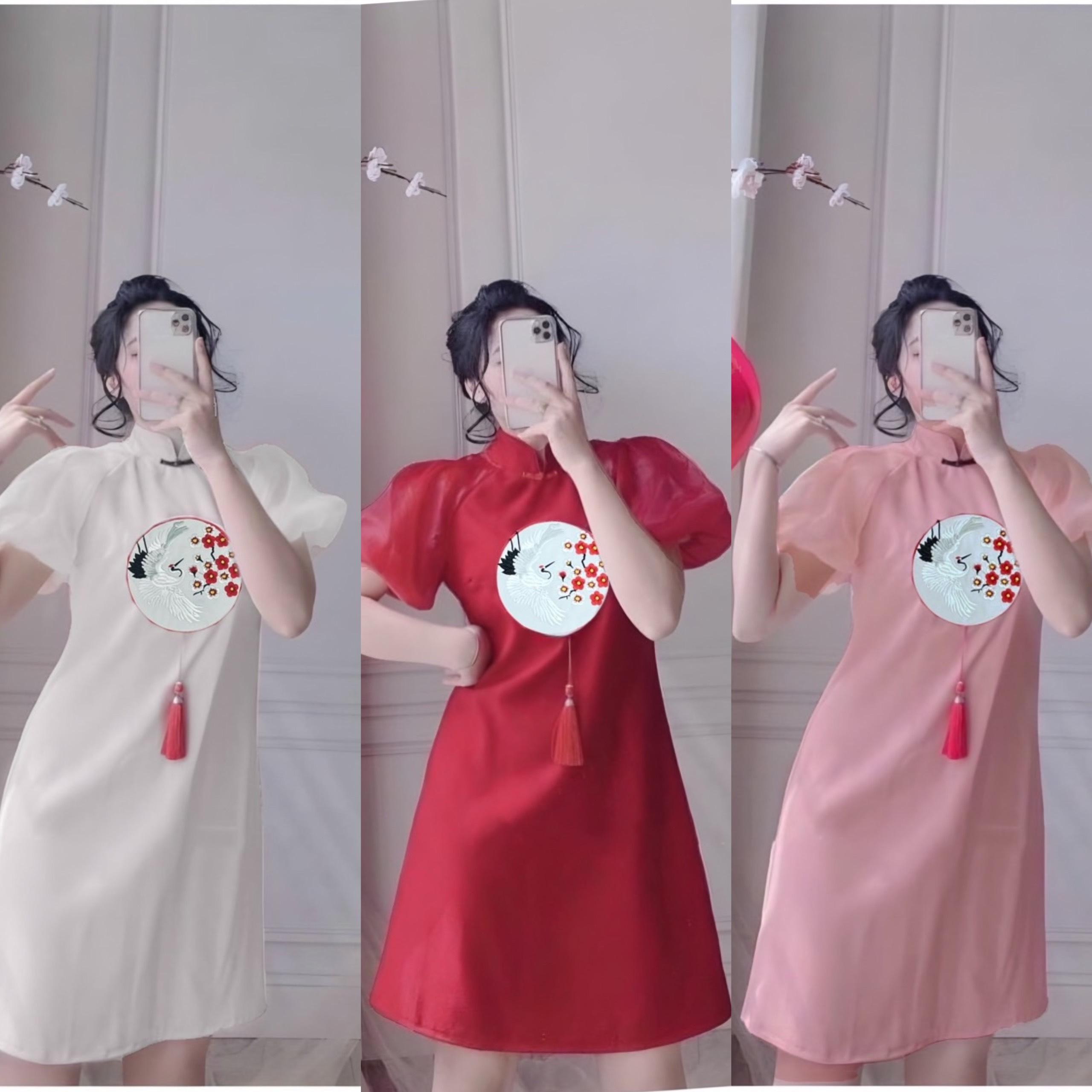 Áo Dài Cách Tân Thêu Họa Tiết Vải Lụa Chéo Cao Cấp Béo Xinh Bigsize Dễ Thương Cho Các Nàng 50-100Kg Nữ Women Dress Hồng - A.1293