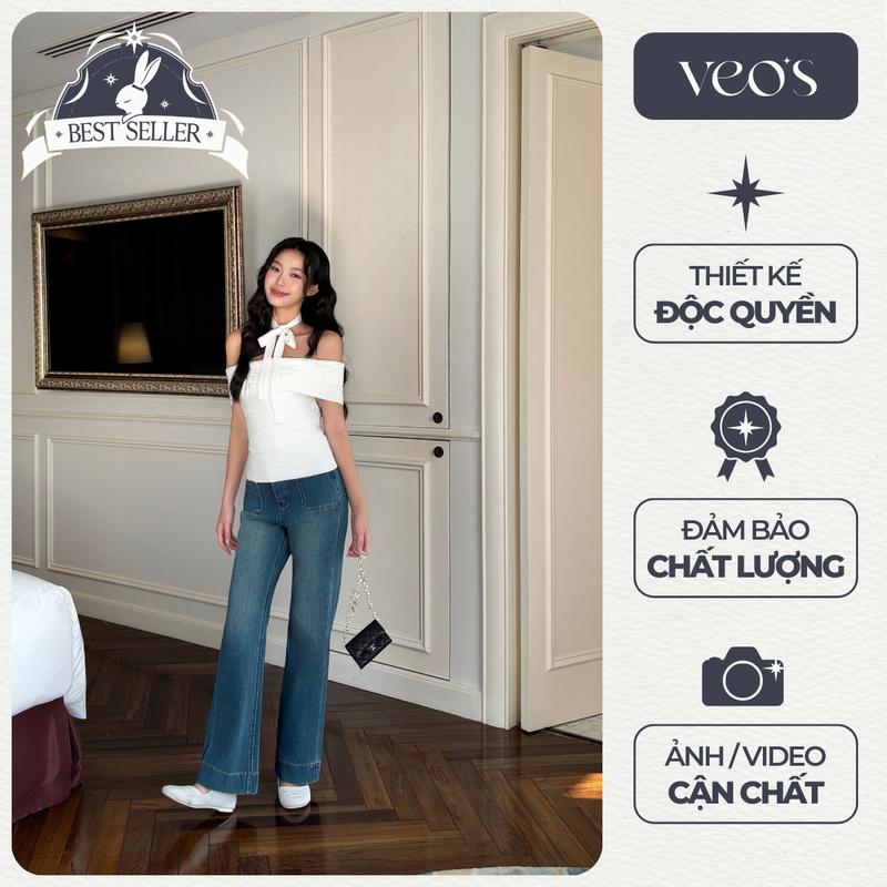 Quần Jeans Thiết Kế Veo's Ống Loe Cạp Cao Dáng Dài Màu Xanh Đậm & Xanh Nhạt Mặc Thường Ngày, Đi Làm- Cloudy Jeans