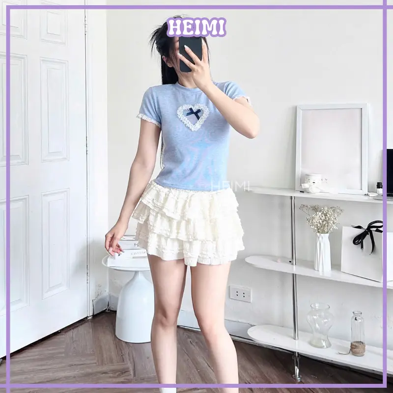 Áo Thun Nữ Phối Ren Trái Tim HEIMI, Áo Baby Tee Form Ôm Body Dễ Thương Chất Len Tăm Mềm Mịn 5