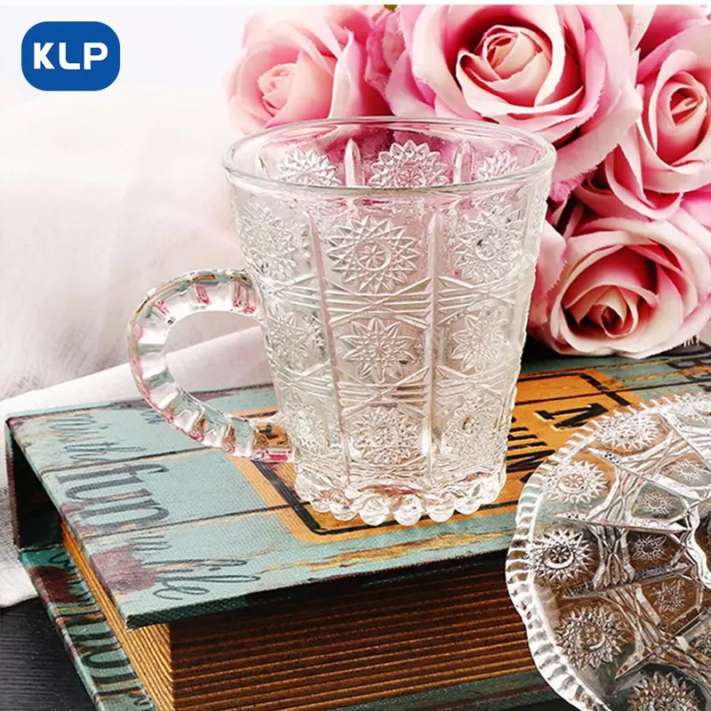 Vintage Glass Saucer & Coffee Cup Set, 2pcs Afternoon Tea Cup & Sauser Set, Glass Tumblers, Household Coffee Mug Set, Glass Drinkware for Home Use 3
