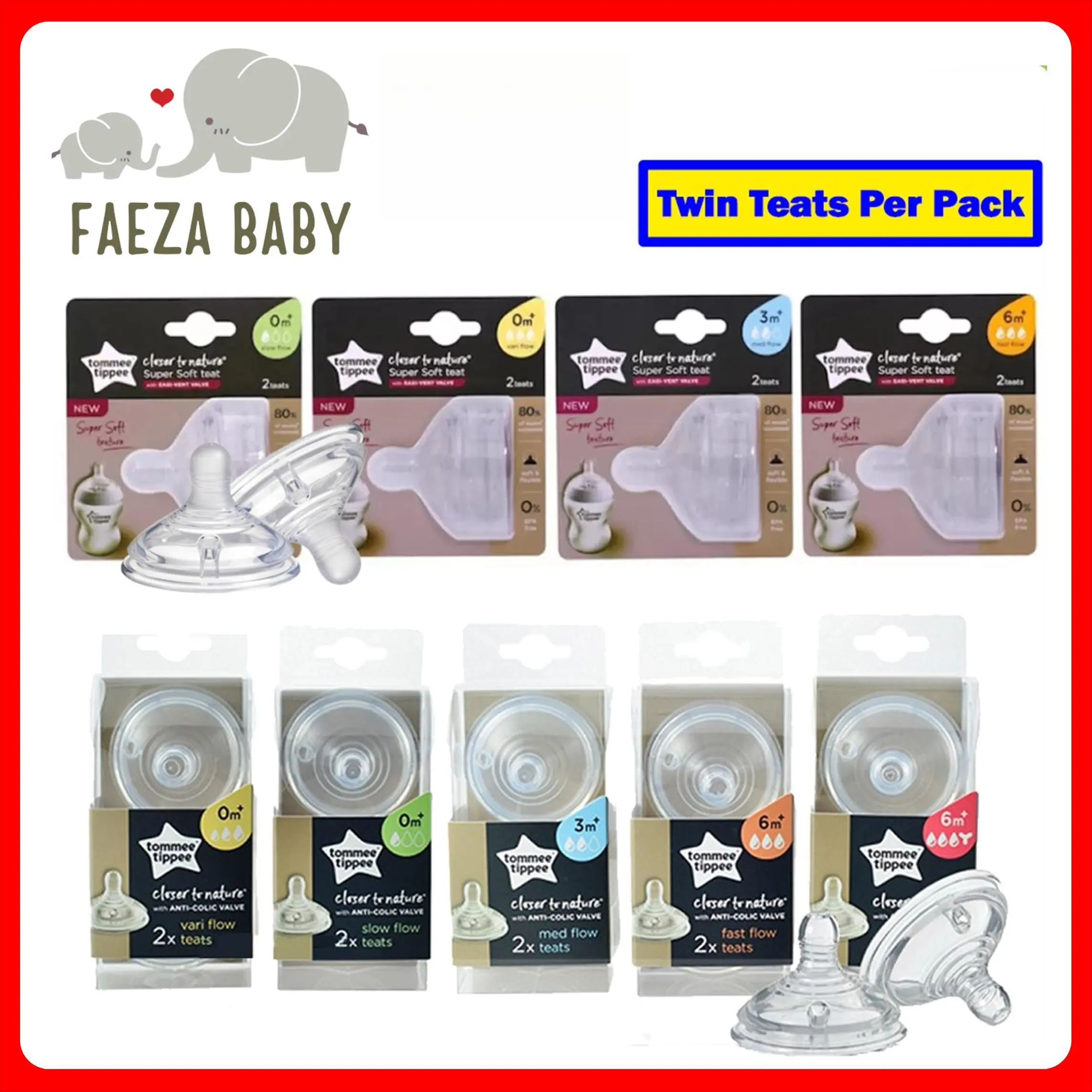 Tommee Tippee Closer To Nature Super Soft Baby Putting Bottle Nipple Teats Slow Medium Fast VariFlow Thick Feed- 2 PCS/Pack Botol Susu Feeding Nursing