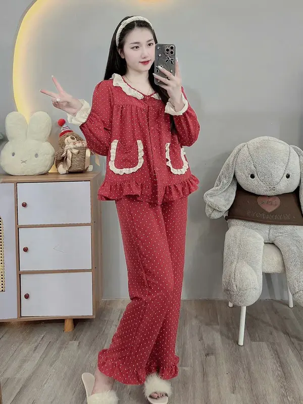 Bộ nữ mặc nhà Đũi mềm Màu Đỏ siêu dễ thương Women Áo Quần Ngủ freesize 40-60kg 5