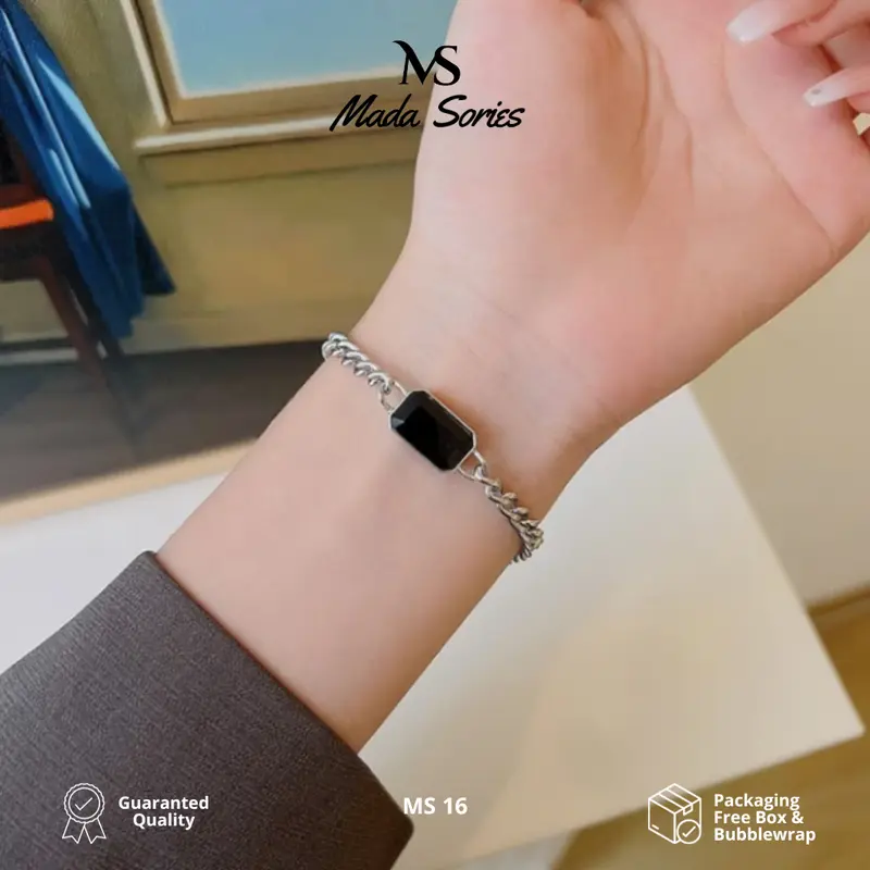 Madasories Gelang Rantai Titanium Permata Hitam Berkilau Zirconium MS16 5