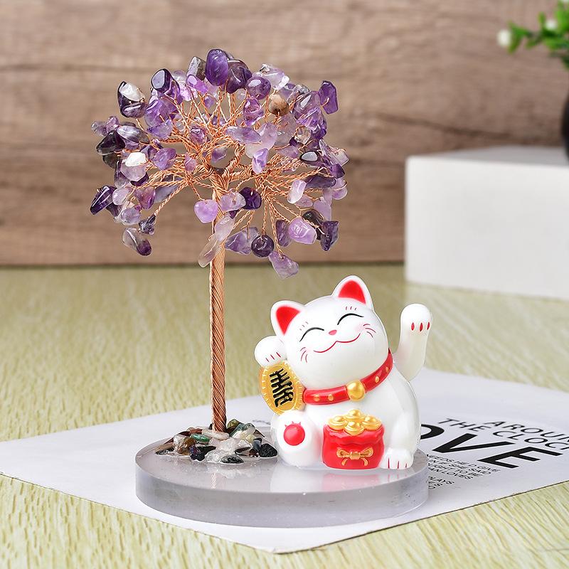 Product Introduction of Mèo Tài Lộc, Đu Đưa Năng Lượng Mặt Trời, Đế Pachira Macrocarpa, Đá Cuội Pha Lê Tự Nhiên, Cây May Mắn, Đồ Trang Trí Dệt Tay 1
