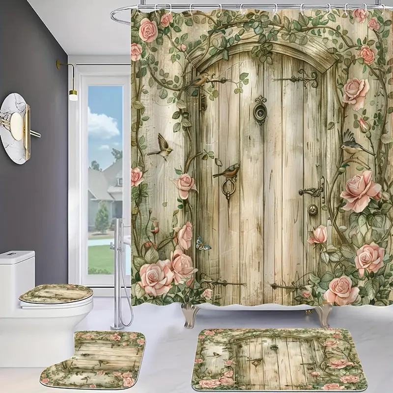 Rose Secret Door Pattern Bathroom Decorations, 4 Counts/set Including Shower Curtain & Toilet U-shape Mat & Bathroom Mat & Toilet Lid Cover, Bathroom Accessories 4