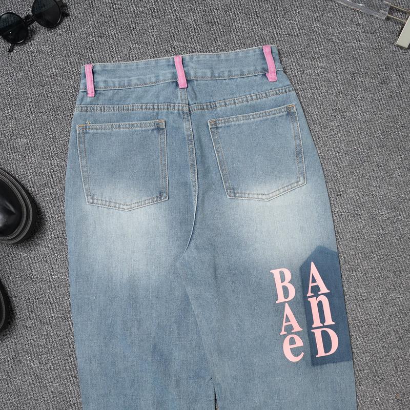 Quần Jean Nữ (Có XL) Ống Suông In Chữ Hồng Rách Nhiều Cá Tính, Quần Bò Lưng Cao Ống Suông Siêu Hack Dáng