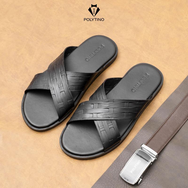 Dép Quai Ngang Chéo Nam 0182 POLYTINO Da Bò Cao Cấp Bảo Hành 12 Tháng  Chất Liệu Đế Cao Su Chống Trơn Trượt Dép Da Nam Thời Trang Đi Lam Đi Chơi
