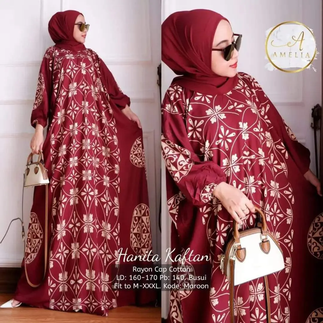 JUMBO - Kaftan Gamis Muslim Wanita Jumbo Syar'i Motif Batik Terbaru Adem Dan Halus Hanita Kaftan
