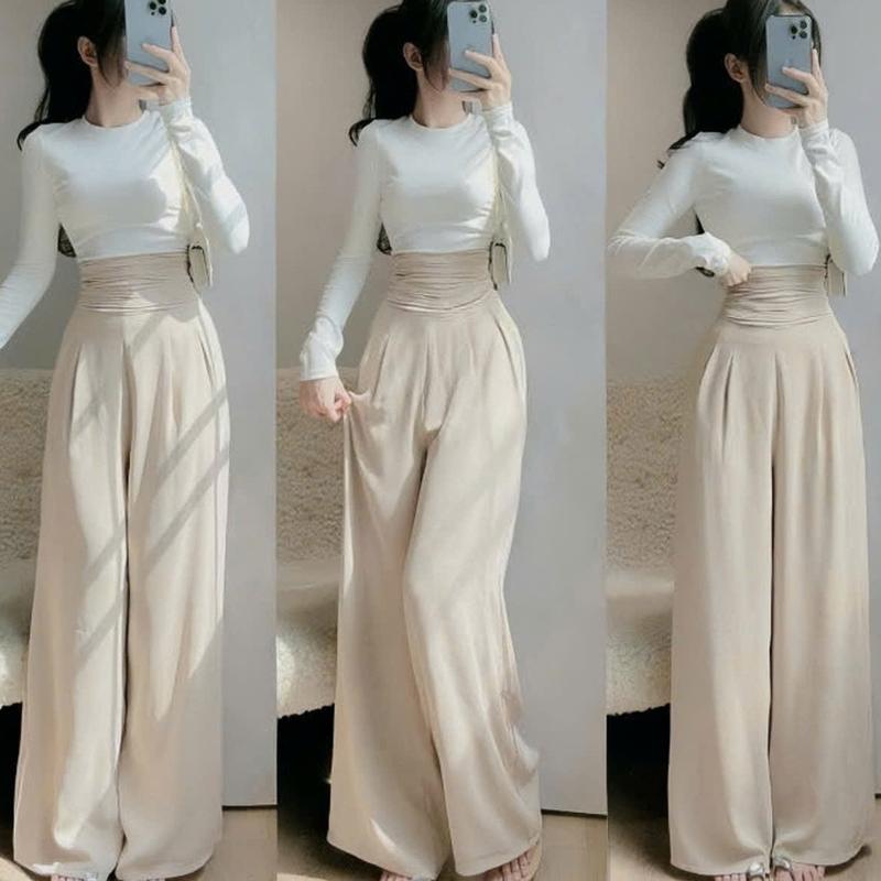 Set bộ nữ áo tăm gân tay dài cổ tròn mix quần cotton lạnh lưng thun khóa kéo dáng dài sang chảnh dành cho các nàng diện di chơi.