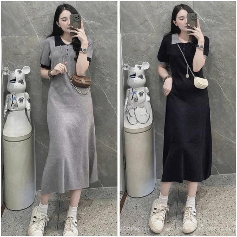 D73 Váy Suông Cổ Bẻ Tay Viền 2 Màu Freesize Nhung Nữ Đen Xám Kho Sỉ Bảo Ngọc