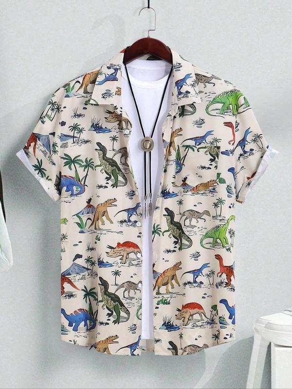 Men's Dinosaur Print Short Sleeve Shirt, Casual Regular Fit Button Up Top for Summer, Men's Clothes for Beach Vacation, Menswear 2