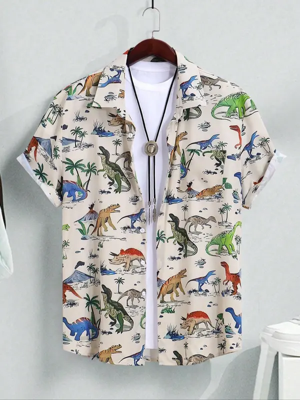Men's Dinosaur Print Short Sleeve Shirt, Casual Regular Fit Button Up Top for Summer, Men's Clothes for Beach Vacation, Menswear 2