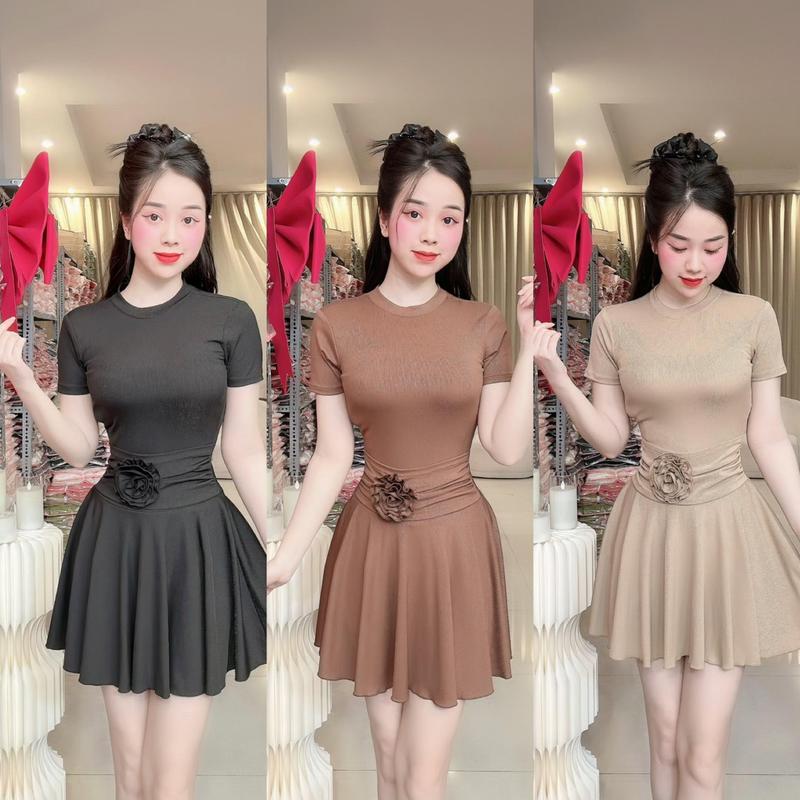 V21 Đầm xoè thiết kế cổ tròn form xếp ly xoè đính bông cuộn cách điệu đầm xinh nhẹ nhàng đầm đi tiệc đi làm đi chơi V21