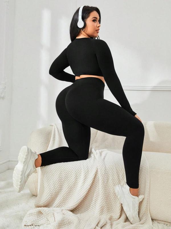 【Plus Size】 2pcs Solid Round Neck Crop Top & High Waist Leggings Tracksuit Set, Quick Drying Long Sleeve Crew Neck Top & Skinny Pants Two-piece Set, Women's Sportswear for Spring & Fall 2