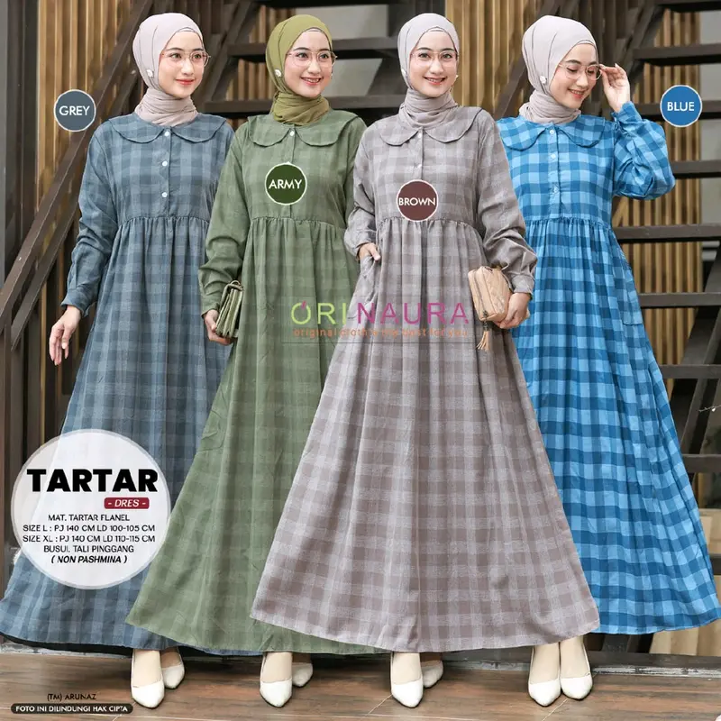 Gamis Kotak Kotak Katun Tartan || Tartar Dress By Ori Naura Cantik Flanel Nyaman Kancing Motif Muslim Panjang 0