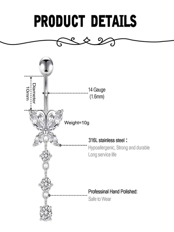 Butterfly Shaped Rhinestone Decor Belly Button Ring, Belly Piercing Accessory, Body Jewelry for Women & Men 1