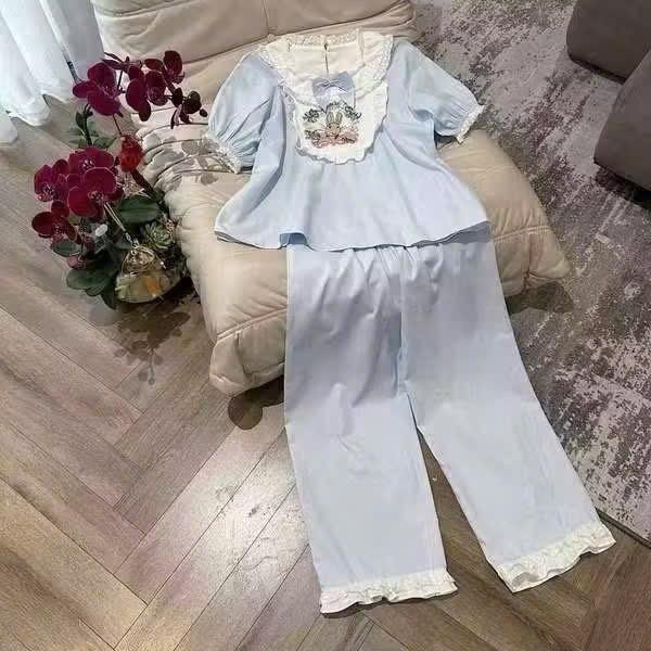 Bộ đồ ngủ pijama cộc tay thỏ yếm thô đũi cổ phối ren tiểu thư Women Nữ (< 60kg, < 1m67) Nhung Áo - Hồng - Voi, Nho 4