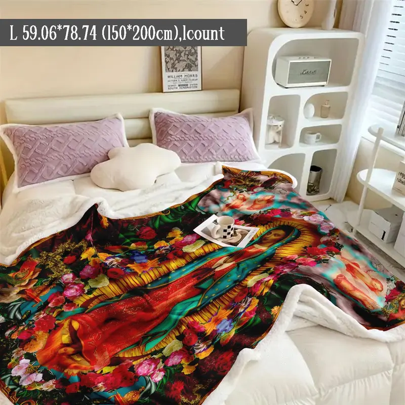 Floral & Virgin Mary Pattern Blanket, 1 Count Soft Warm Throw Blanket, Air-conditioned Room Blanket, Warm Nap Blanket for Home & Office 3