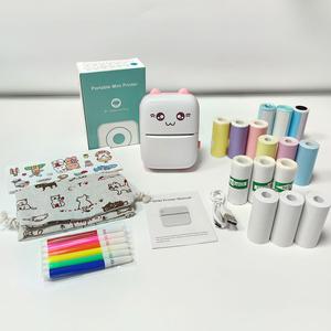 C9 ミニポータブルサーマルプリンターセット、ミニプリンター1台、プリント用紙15枚、色ペン6本、ポーチ、ランダムステッカー付き、オフィス・家庭・DIY用