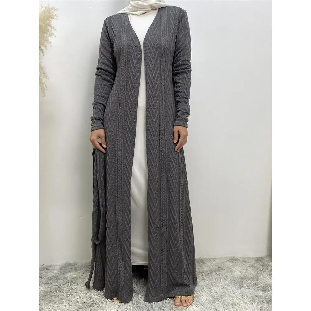 Abaya Winter Knitted Muslim Cardigan Sweater with Pockets Large Coat 19060-1