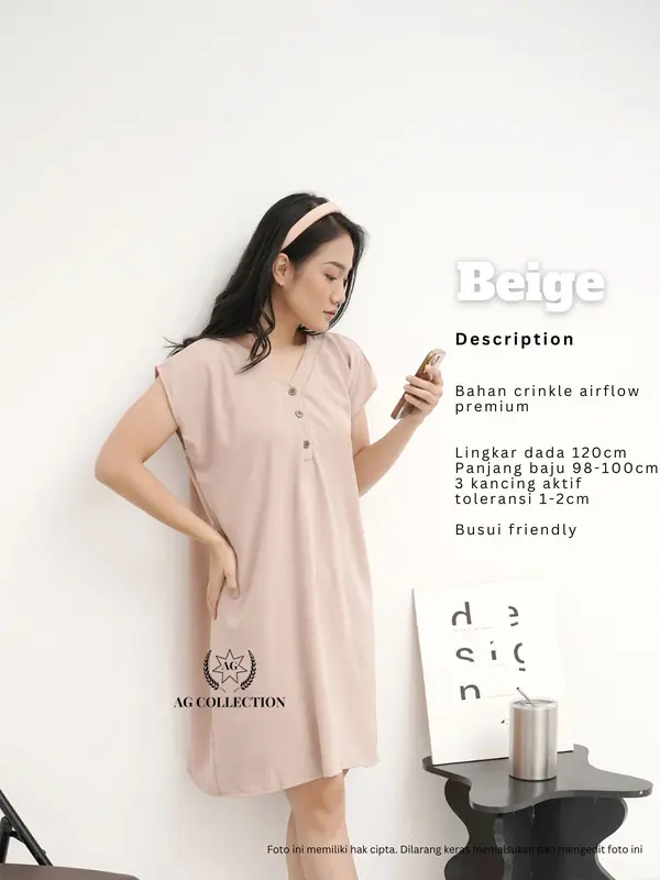 AGcollections | Dress Daster Pendek Belvana Kancing Busui Friendly Bahan Crinkle Airflow Premium Baju Tidur Dingin Wanita 4