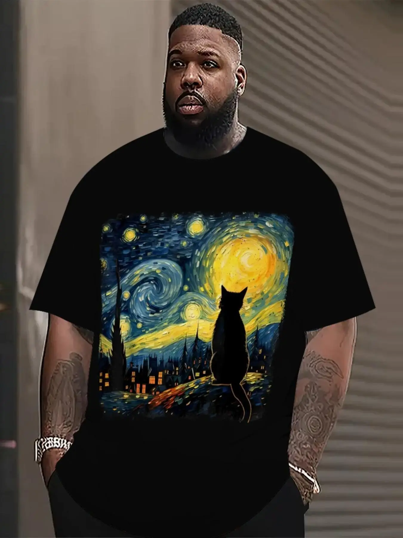 【Plus Size】 Cat & Starry Night Print Short Sleeve Graphic Tee, Casual Comfy Round Neck T-shirt for Daily Wear, Men's Plus Size Clothing for All Seasons, Top