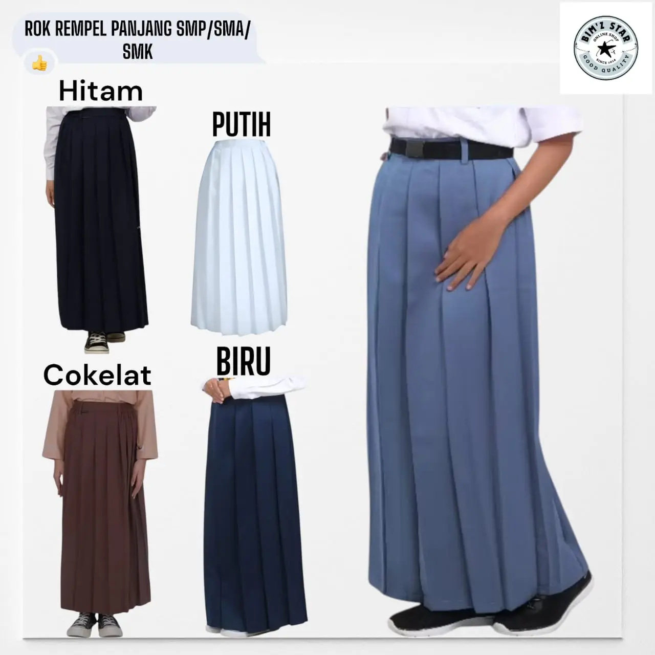 Rok SMP SMA Rempel Seragam Sekolah Perempuan Lipit Panjang Bahan Optima Element Warna Abu Biru Coklat Hitam Putih
