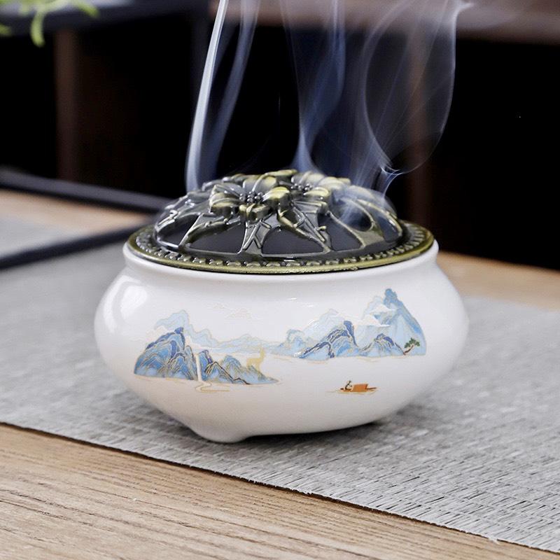 ( GIÁ SỈ ) Lư Xông Nụ Trầm Hương - Đỉnh Đốt Nhang Vòng Phong Thủy Bằng Gốm Sứ Vân Rạn Cao Cấp Kèm Lót Đế 6