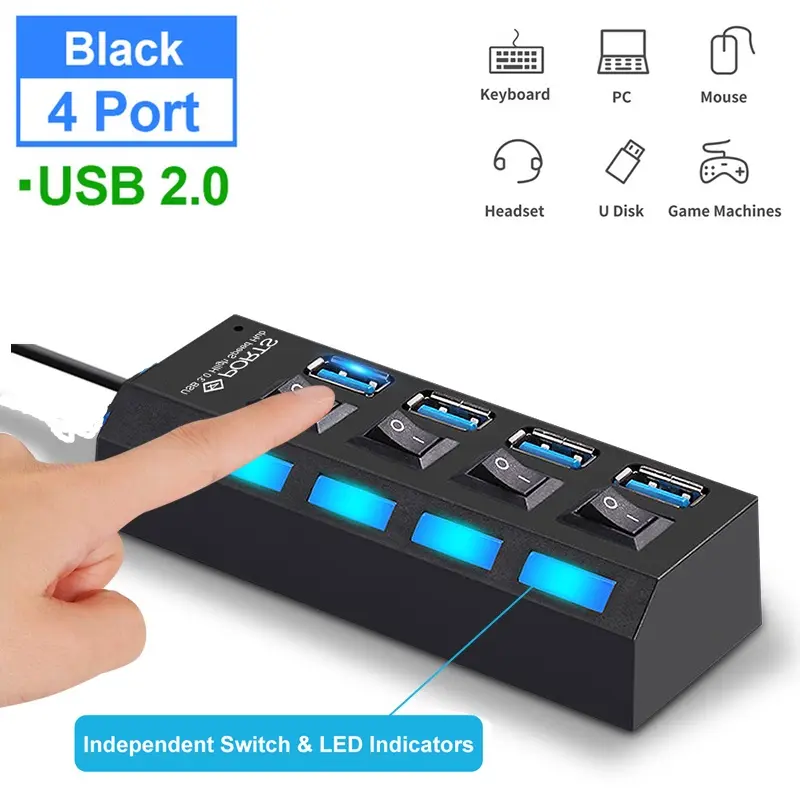 Hab Hab 4 Port, Kebidumei, Penyesuai Pemisah USB 2.0 480 Mbps, Dengan Suis Hidup / Mati, Untuk PC dan Komputer Riba Computer Hitam Hub