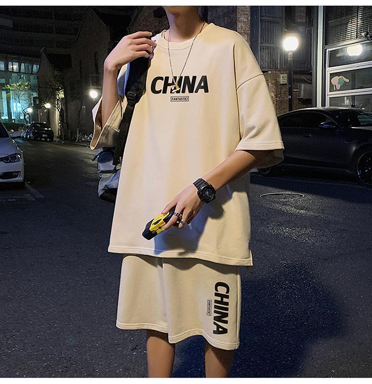 Product Introduction of Summer New Trendy Hong Kong Style Simple Letter Printing Leisure Sports Suit Green Student Short Sleeve Shorts Two Pieces Suit Menswear Overalls Lingerie Formal 15