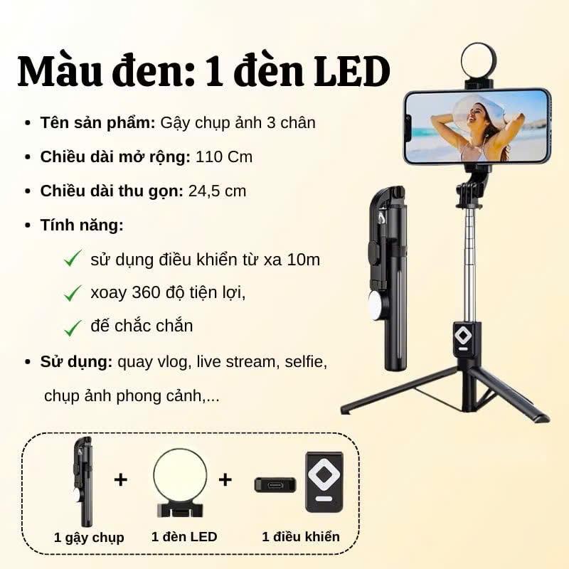 Gậy chụp hình Selfie B11s đa năng phụ kiện gồm đèn led trợ sáng nút remote bluetooth điều khiển chụp ảnh xa 10m 5