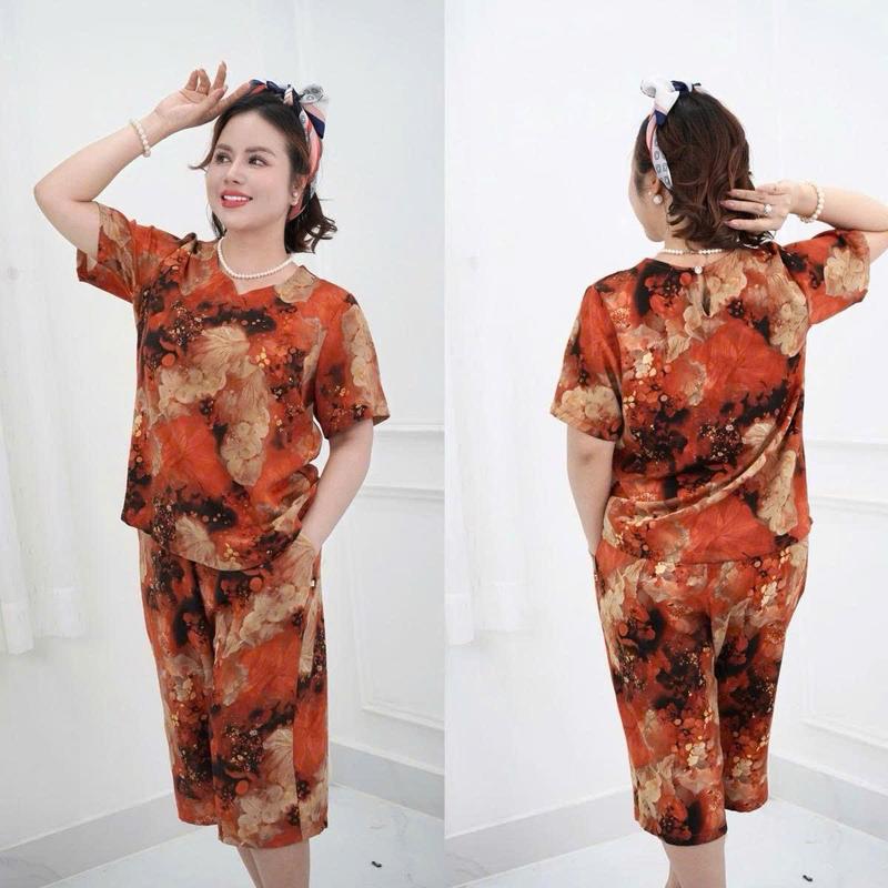 Đồ bộ trung niên cho mẹ và bà mặc ở nhà có áo cổ tròn quần lửng suông chất lụa nhập co dãn thoải mái HMS19A hàng đẹp 7